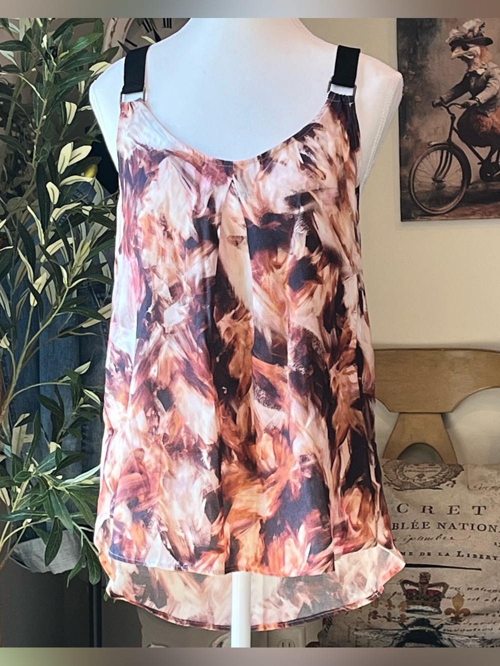 Matty M Abstract Brushstroke Tank Top XS Chestnut Brown Flowy Racerback
